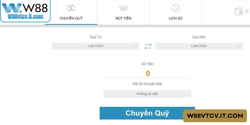 Giao diện quản lý ví tiền và các điều kiện cần thiết khi rút tiền W88